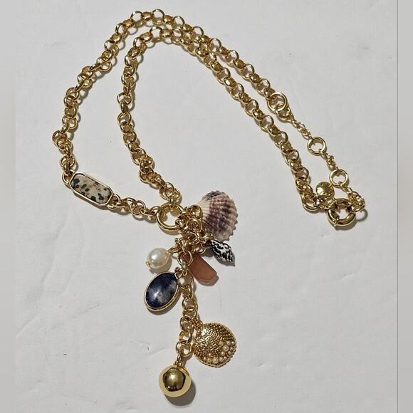 J.Crew Jewelry - J. Crew Nautical Gold Shell Charm Necklace Stone Pearl Coastal Statement Jewelry